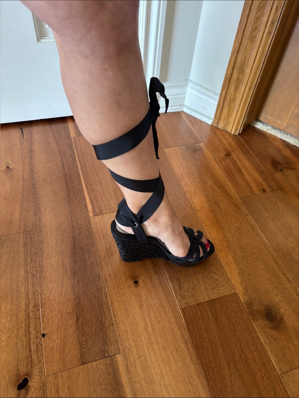 White House Black Market Black Lace-Up Espadrille Wedge Sandals